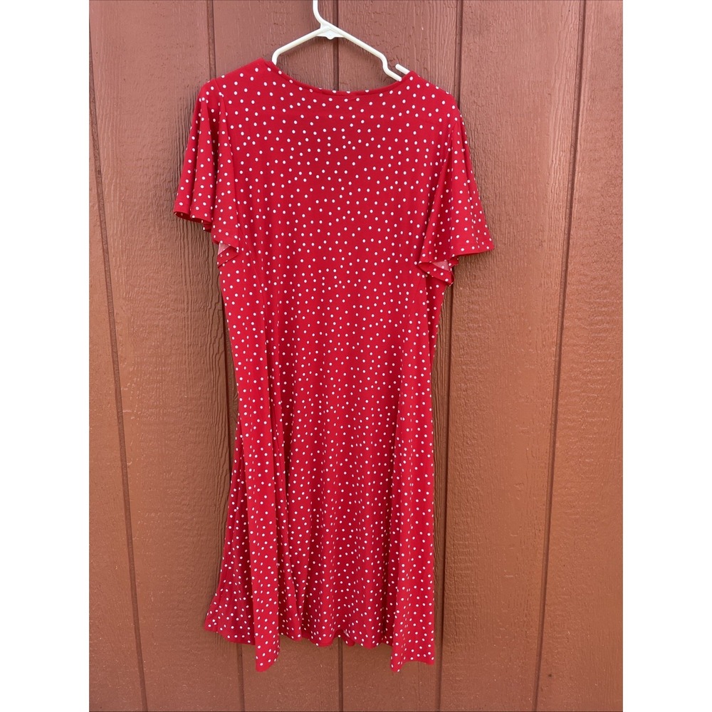 Susan Graver Red Polka Dot Liquid Knit Button Front Midi Dress Flutter Sleeve M - Picture 6 of 7